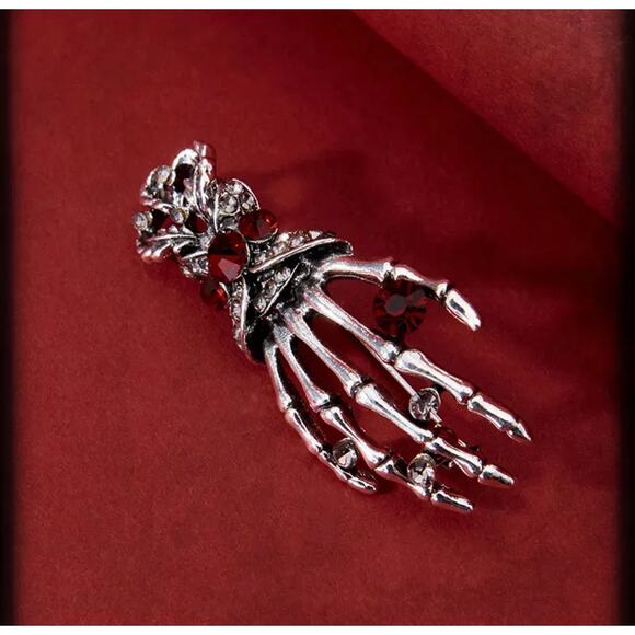 Boutique Skeleton Hand Brooch Pin Silver Rhinestones Witchy Goblincore Witchcore - Picture 6 of 6